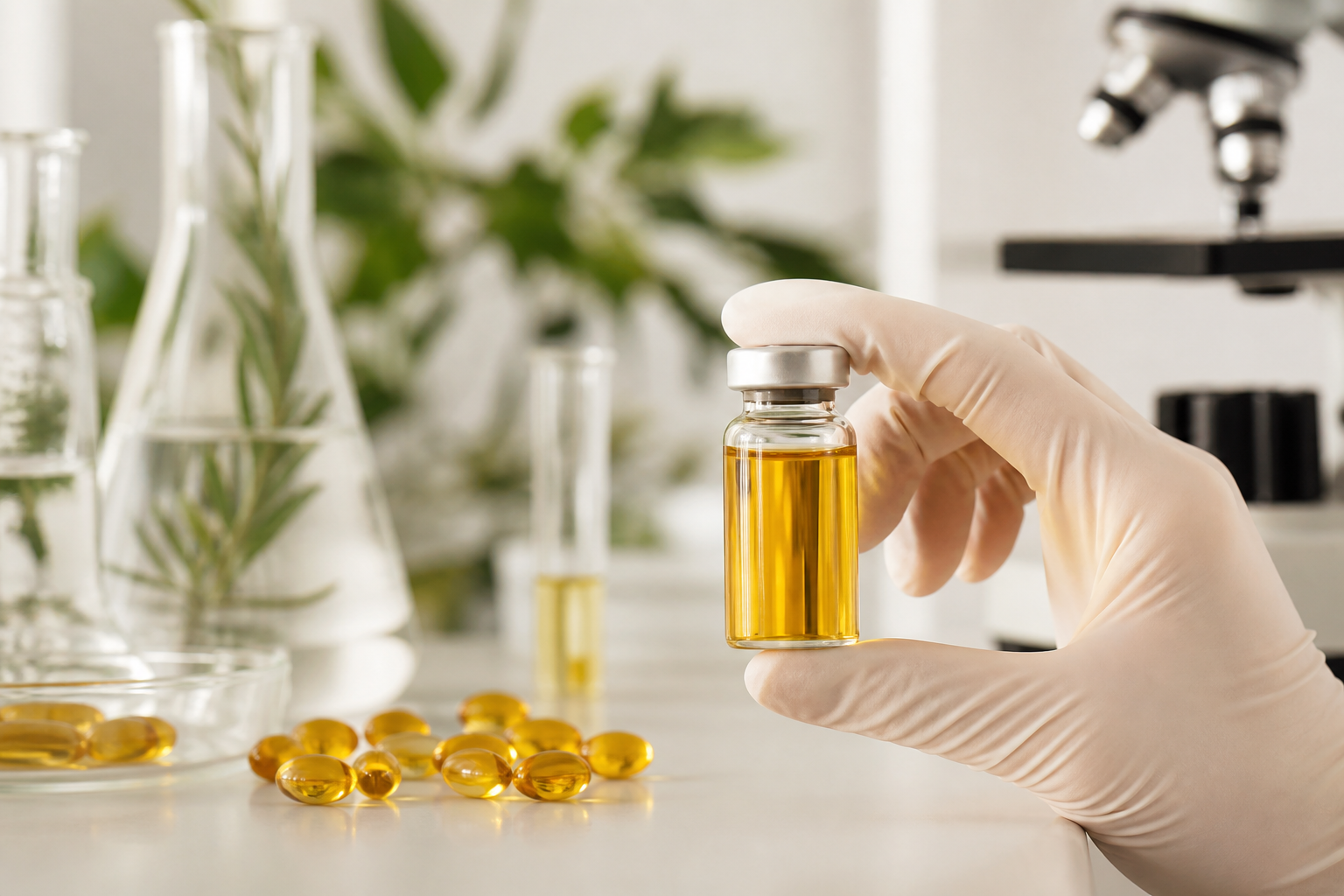 Independent lab testing — vial of golden botanical oil and softgels