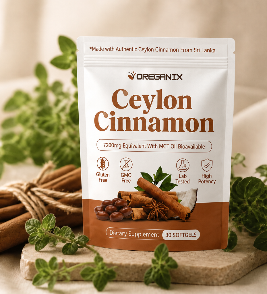 Oreganix Ceylon Cinnamon softgels pouch with cinnamon sticks and fresh oregano