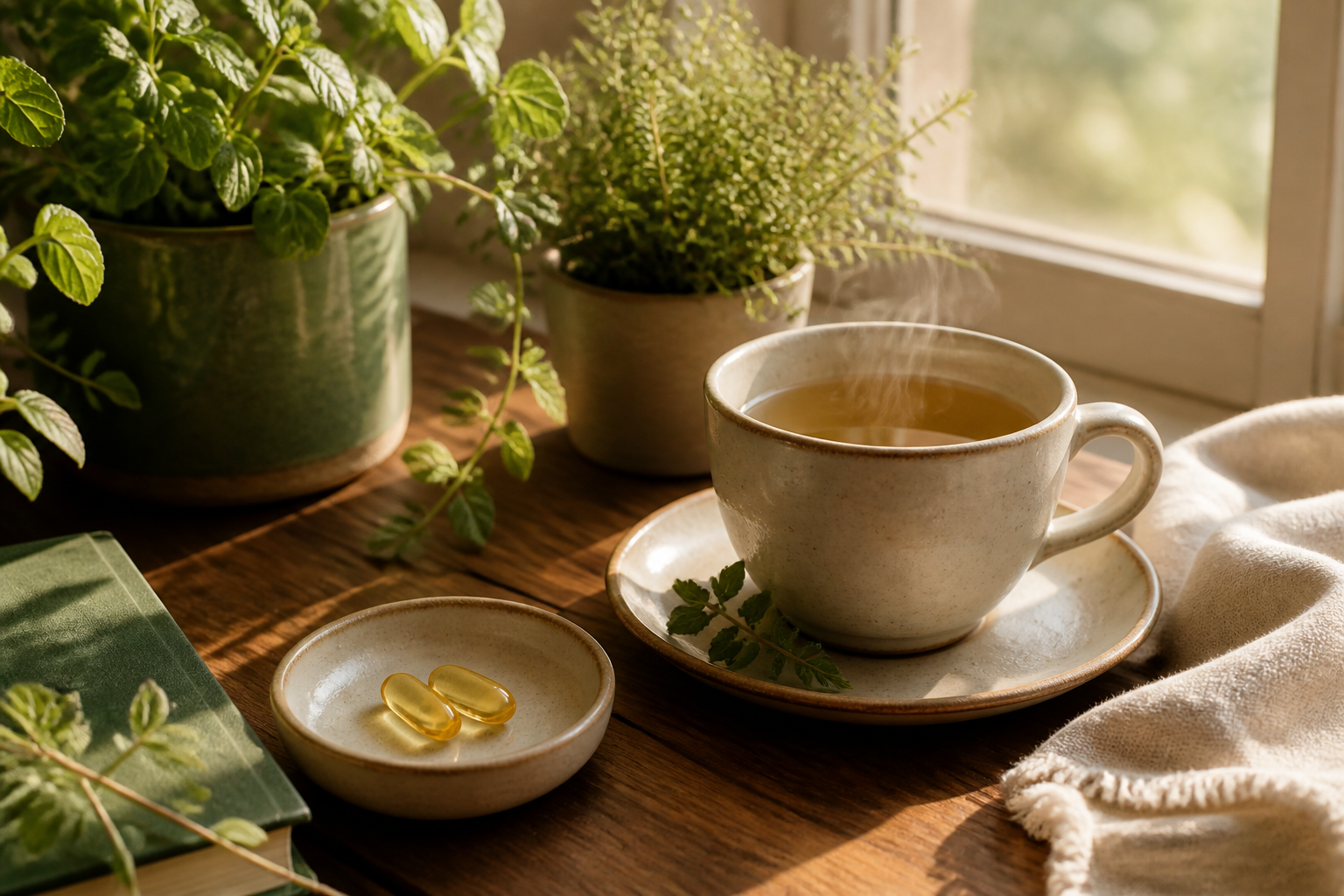 Calm morning wellness routine — herbal tea and softgels by a sunlit window